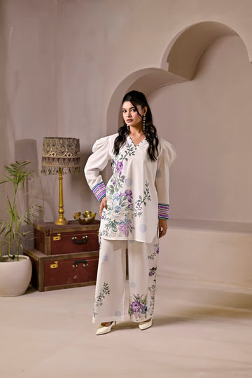 Lavender and white puffed sleeves cord set